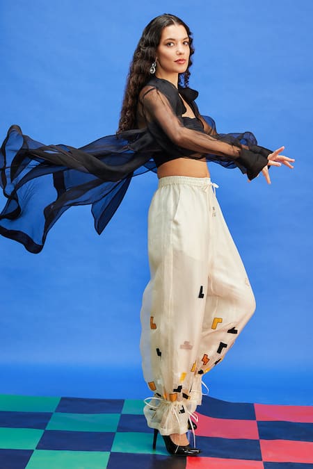 Buy_Shilpi Gupta_Ivory Organza Embroidered Patchwork Geometric Pant _Online_at_Aza_Fashions