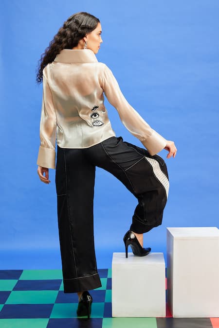 Shop Shilpi Gupta Black Cotton Linen Patchwork Solid Panelled Trouser at Aza Fashions Shop_Shilpi Gupta_Black Cotton Linen Patchwork Solid Panelled Trouser _at_Aza_Fashions