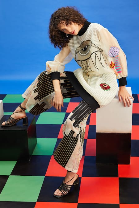 Shilpi Gupta_Black Cotton Satin Embroidered Patchwork Cut-out Panel Trouser _Online_at_Aza_Fashions