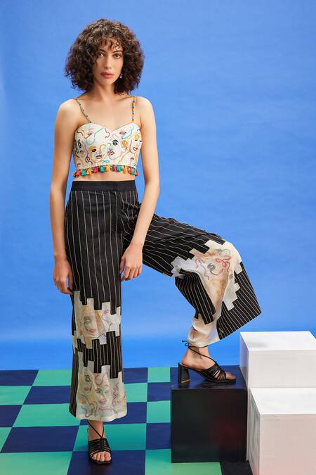 Buy_Shilpi Gupta_Black Cotton Satin Embroidered Patchwork Cut-out Panel Trouser _Online_at_Aza_Fashions