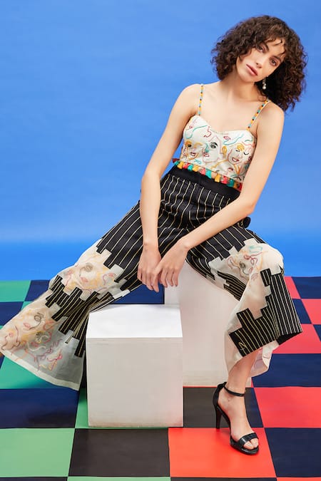 Shop_Shilpi Gupta_Black Cotton Satin Embroidered Patchwork Cut-out Panel Trouser _Online_at_Aza_Fashions