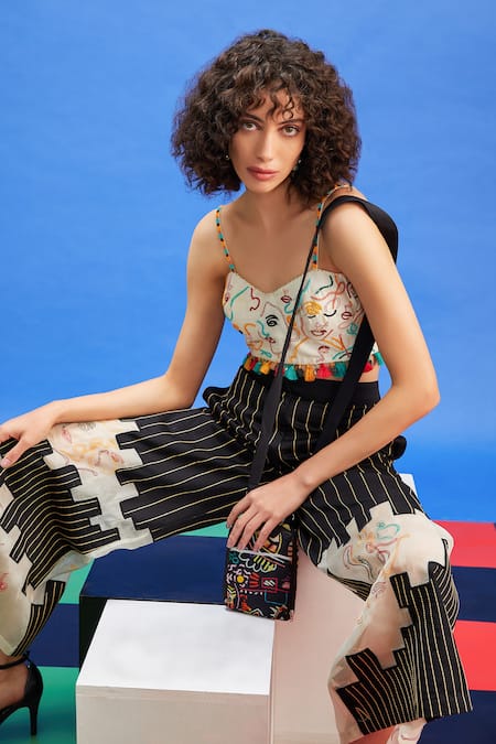 Shilpi Gupta_Black Cotton Satin Embroidered Patchwork Cut-out Panel Trouser _at_Aza_Fashions