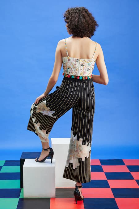 Buy_Shilpi Gupta_Black Cotton Satin Embroidered Patchwork Cut-out Panel Trouser 