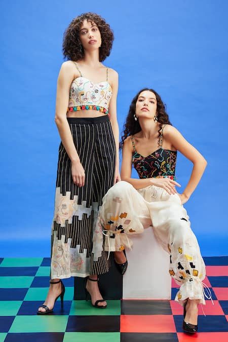 Shop_Shilpi Gupta_Black Cotton Satin Embroidered Patchwork Cut-out Panel Trouser 