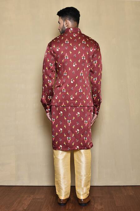 Arihant Rai Sinha Red Silk Embroidery Floral Print Bundi Kurta Set 2