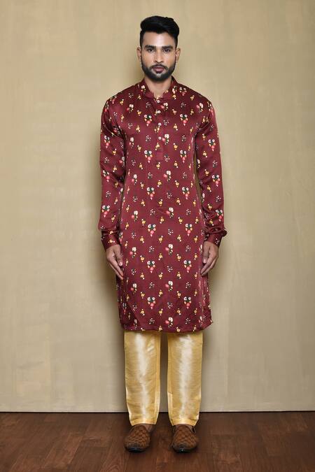 Arihant Rai Sinha Red Silk Embroidery Floral Print Bundi Kurta Set 4