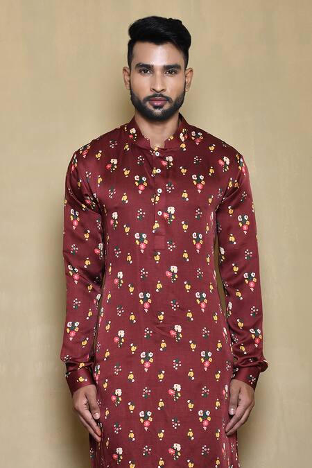 Arihant Rai Sinha Red Silk Embroidery Floral Print Bundi Kurta Set 5