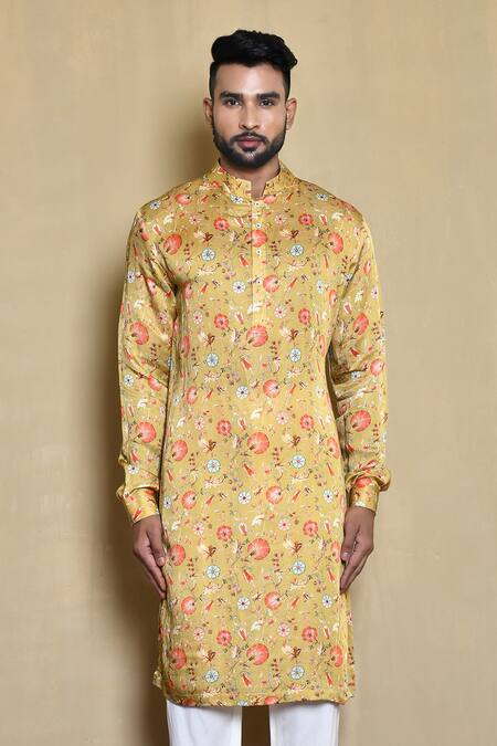 Shop_Arihant Rai Sinha_Yellow Silk, Cotton Embroidery Floral Print Kurta Set_Online_at_Aza_Fashions