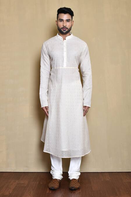 Buy_Arihant Rai Sinha_White Silk, Cotton Embroidery Floral Woven Sherwani Anarkali Set_Online_at_Aza_Fashions
