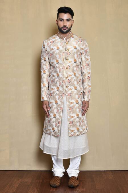 Shop_Arihant Rai Sinha_White Silk, Cotton Embroidery Floral Woven Sherwani Anarkali Set_Online_at_Aza_Fashions