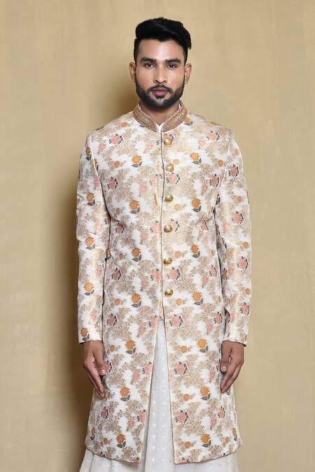 Arihant Rai Sinha_White Silk, Cotton Embroidery Floral Woven Sherwani Anarkali Set_at_Aza_Fashions