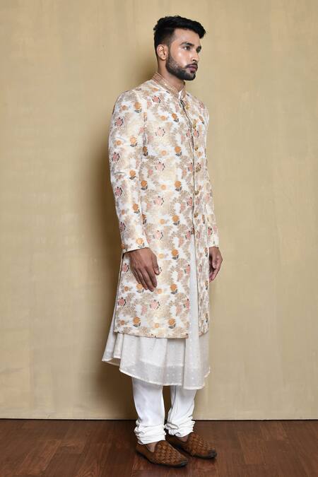 Buy_Arihant Rai Sinha_White Silk, Cotton Embroidery Floral Woven Sherwani Anarkali Set