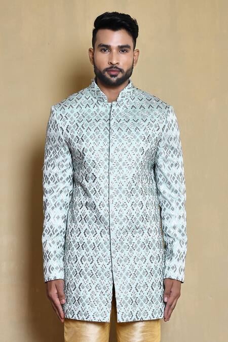 Buy_Arihant Rai Sinha_Blue Silk Embroidery Geometric Floral Woven Bandhgala Set_Online_at_Aza_Fashions