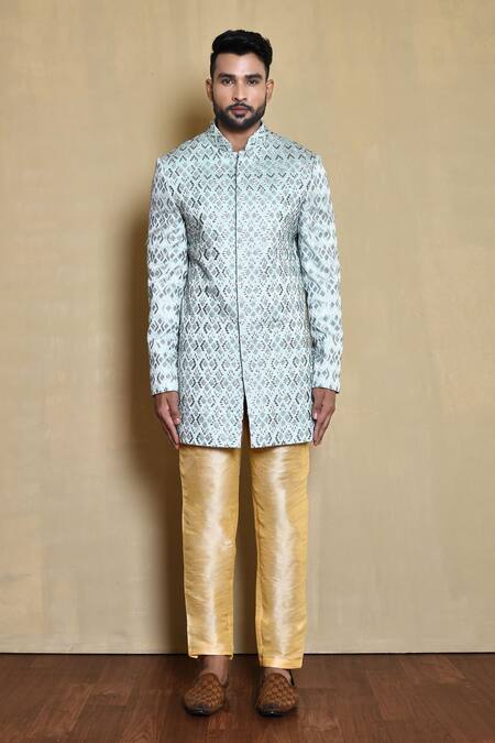 Shop_Arihant Rai Sinha_Blue Silk Embroidery Geometric Floral Woven Bandhgala Set_Online_at_Aza_Fashions