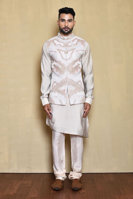 Shop_Arihant Rai Sinha_Cream Silk Embroidery Abstract Bundi Kurta Set _Online_at_Aza_Fashions