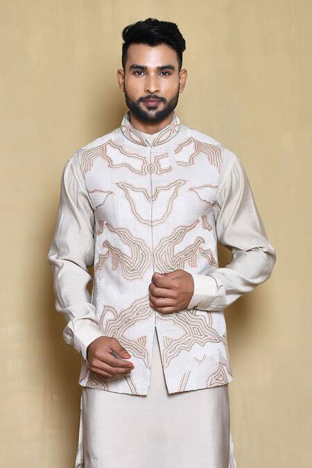 Buy_Arihant Rai Sinha_Cream Silk Embroidery Abstract Bundi Kurta Set 