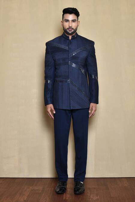 Shop_Arihant Rai Sinha_Blue Polyester Embroidery Metallic Bandhgala Set_Online_at_Aza_Fashions