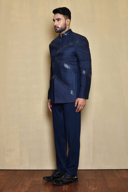 Arihant Rai Sinha_Blue Polyester Embroidery Metallic Bandhgala Set_at_Aza_Fashions