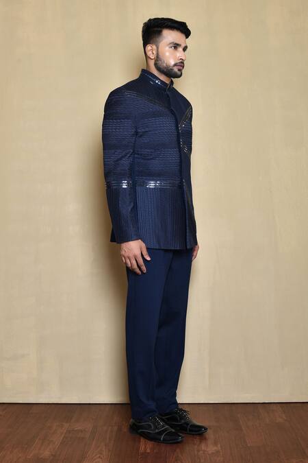 Buy_Arihant Rai Sinha_Blue Polyester Embroidery Metallic Bandhgala Set