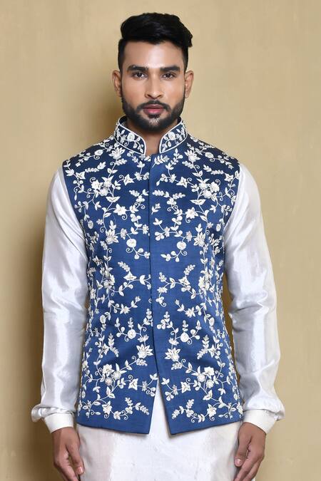 Shop_Arihant Rai Sinha_Blue Silk Embroidery Floral Bundi And Kurta Set _Online_at_Aza_Fashions