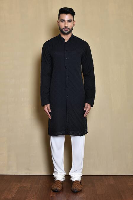 Buy_Arihant Rai Sinha_Black Cotton Embroidery Geometric Bundi Kurta Set_Online_at_Aza_Fashions