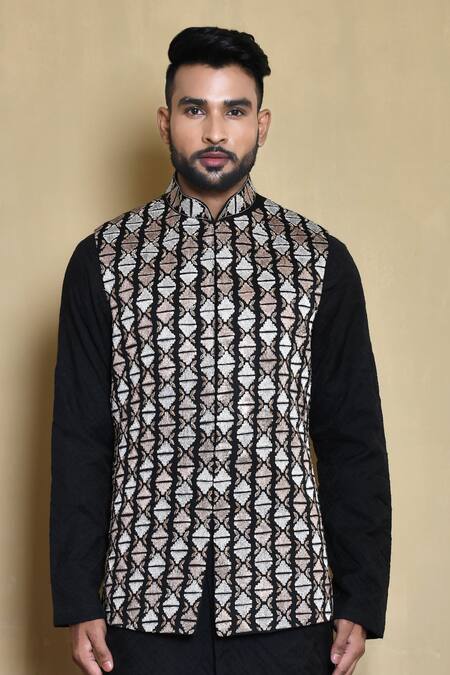 Shop Arihant Rai Sinha Black Cotton Embroidery Geometric Bundi Kurta Set Online at Aza Fashions Shop_Arihant Rai Sinha_Black Cotton Embroidery Geometric Bundi Kurta Set_Online_at_Aza_Fashions