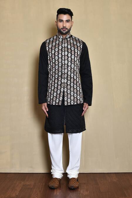 Arihant Rai Sinha_Black Cotton Embroidery Geometric Bundi Kurta Set_at_Aza_Fashions
