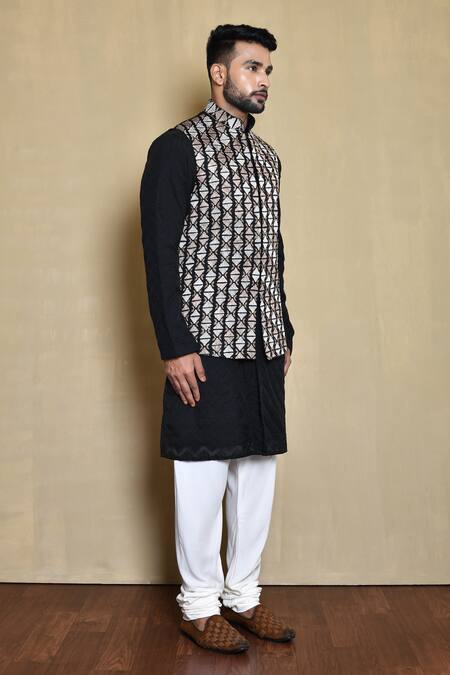 Buy_Arihant Rai Sinha_Black Cotton Embroidery Geometric Bundi Kurta Set