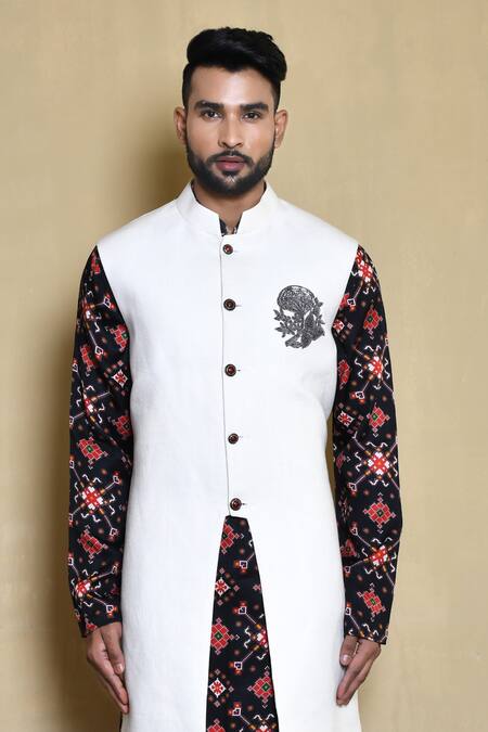 Shop Arihant Rai Sinha White Silk, Cotton Embroidery Sherwani With Patola Kurta Set Online at Aza Fashions Shop_Arihant Rai Sinha_White Silk, Cotton Embroidery Sherwani With Patola Kurta Set_Online_at_Aza_Fashions