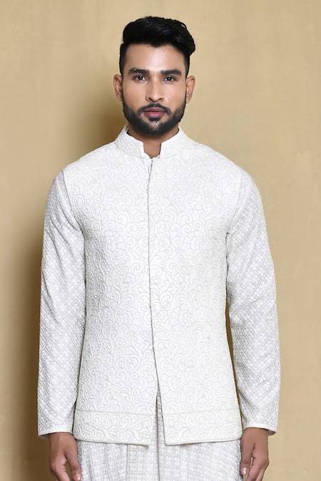 Shop_Arihant Rai Sinha_White Cotton Embroidery Floral Bundi Kurta Set_Online_at_Aza_Fashions