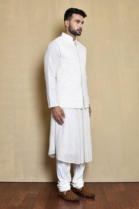 Buy_Arihant Rai Sinha_White Cotton Embroidery Floral Bundi Kurta Set