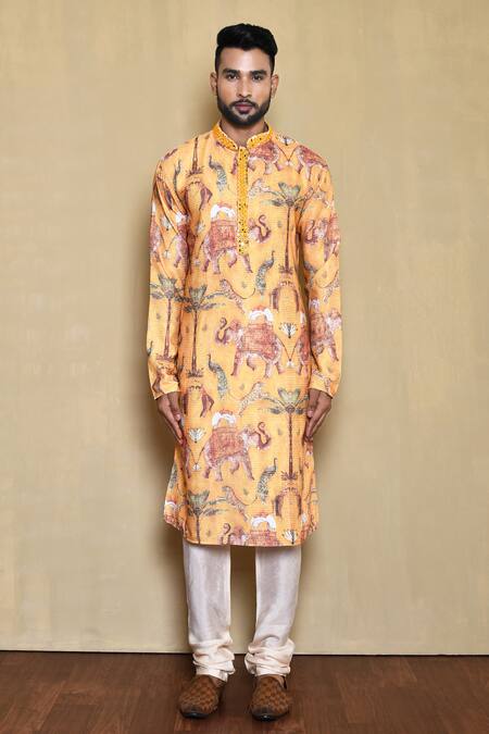 Buy_Arihant Rai Sinha_Yellow Silk Embroidery Animal Print Bundi Kurta Set_Online_at_Aza_Fashions