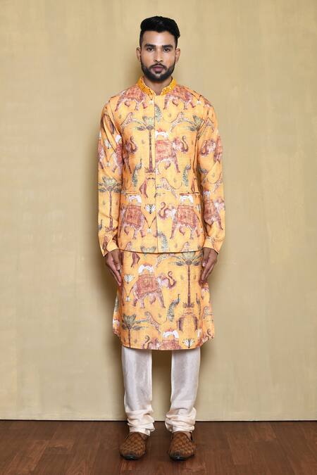 Shop_Arihant Rai Sinha_Yellow Silk Embroidery Animal Print Bundi Kurta Set_Online_at_Aza_Fashions