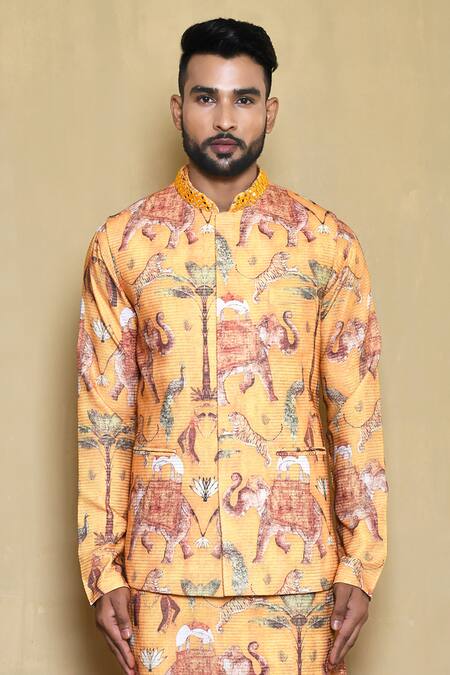 Arihant Rai Sinha Yellow Silk Embroidery Animal Print Bundi Kurta Set at Aza Fashions Arihant Rai Sinha_Yellow Silk Embroidery Animal Print Bundi Kurta Set_at_Aza_Fashions