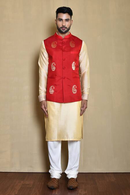 Shop_Arihant Rai Sinha_Red Silk, Cotton Embroidery Paisley Woven Bundi And Kurta Set_Online_at_Aza_Fashions