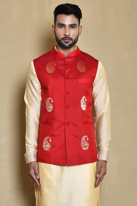 Arihant Rai Sinha Red Silk, Cotton Embroidery Paisley Woven Bundi And Kurta Set at Aza Fashions Arihant Rai Sinha_Red Silk, Cotton Embroidery Paisley Woven Bundi And Kurta Set_at_Aza_Fashions