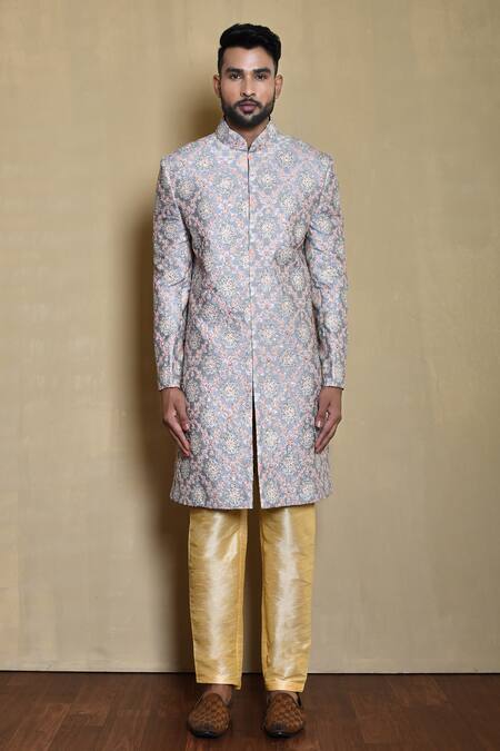 Buy_Arihant Rai Sinha_Blue Silk Floral Jaal Pattern Sherwani Set_Online_at_Aza_Fashions