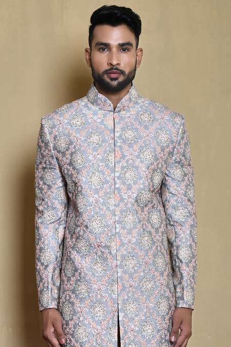 Shop Arihant Rai Sinha Blue Silk Floral Jaal Pattern Sherwani Set Online at Aza Fashions Shop_Arihant Rai Sinha_Blue Silk Floral Jaal Pattern Sherwani Set_Online_at_Aza_Fashions