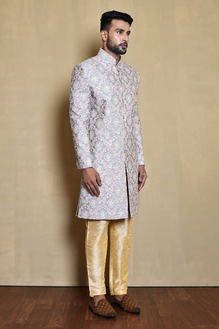 Arihant Rai Sinha_Blue Silk Floral Jaal Pattern Sherwani Set_at_Aza_Fashions