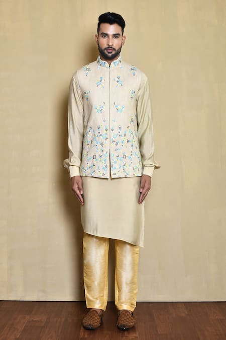 Shop_Arihant Rai Sinha_Off White Silk Embroidery Floral Bundi And Kurta Set _Online_at_Aza_Fashions