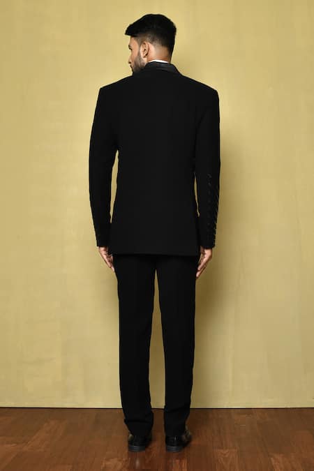 Shop_Arihant Rai Sinha_Black Silk, Wool, Cotton Embroidery Linear Pattern Suit Pant Set _at_Aza_Fashions