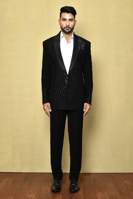 Arihant Rai Sinha_Black Silk, Wool, Cotton Embroidery Linear Pattern Suit Pant Set _Online_at_Aza_Fashions