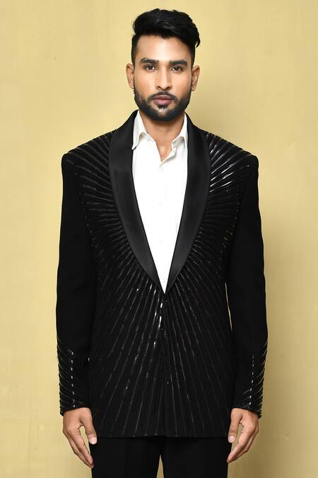 Buy_Arihant Rai Sinha_Black Silk, Wool, Cotton Embroidery Linear Pattern Suit Pant Set _Online_at_Aza_Fashions