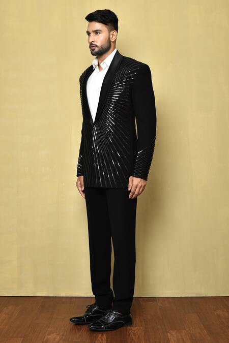 Shop_Arihant Rai Sinha_Black Silk, Wool, Cotton Embroidery Linear Pattern Suit Pant Set _Online_at_Aza_Fashions