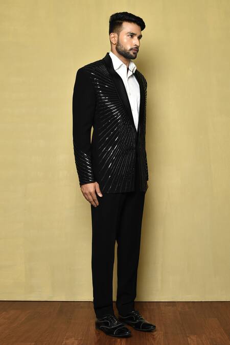 Arihant Rai Sinha_Black Silk, Wool, Cotton Embroidery Linear Pattern Suit Pant Set _at_Aza_Fashions