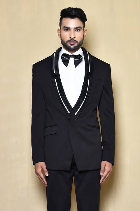 Buy_Arihant Rai Sinha_Black Silk, Wool, Cotton Lapel Collar Suit Pant Set _Online_at_Aza_Fashions