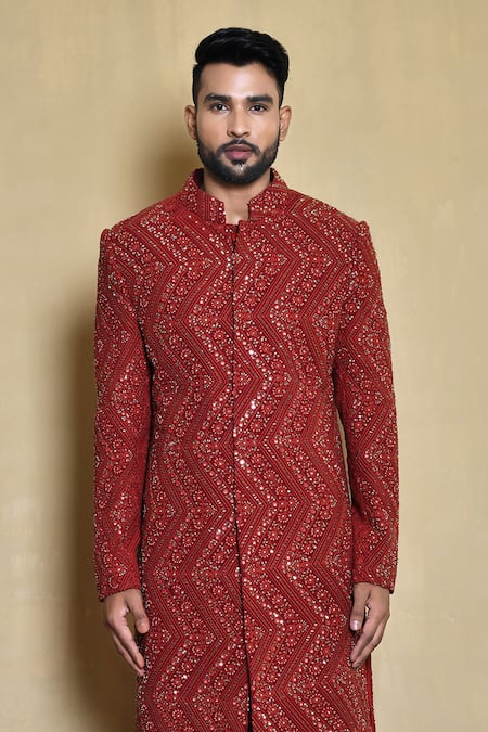 Buy Arihant Rai Sinha Red Silk Cut Work, Mirrors, Sequins Chevron Embroidered Sherwani Set Online at Aza Fashions Buy_Arihant Rai Sinha_Red Silk Cut Work, Mirrors, Sequins Chevron Embroidered Sherwani Set_Online_at_Aza_Fashions