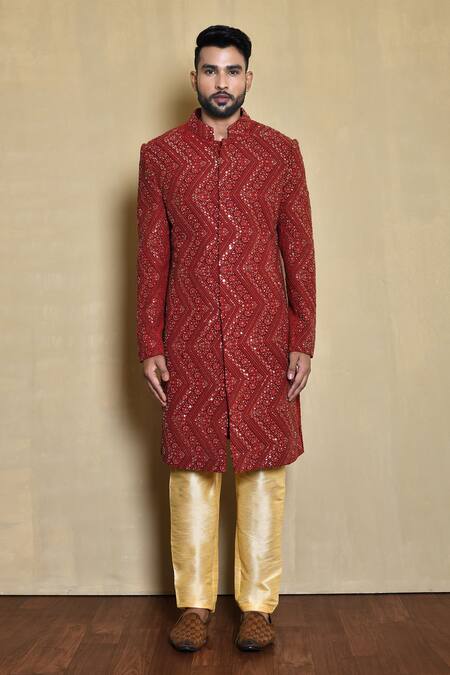 Shop_Arihant Rai Sinha_Red Silk Cut Work, Mirrors, Sequins Chevron Embroidered Sherwani Set_Online_at_Aza_Fashions