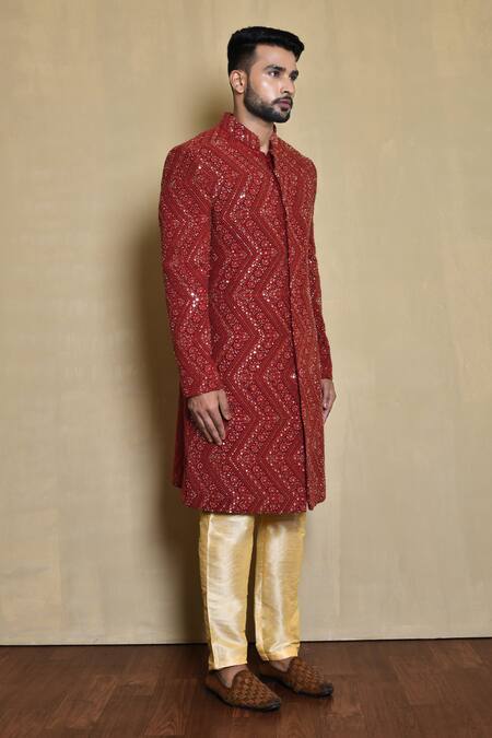 Arihant Rai Sinha_Red Silk Cut Work, Mirrors, Sequins Chevron Embroidered Sherwani Set_at_Aza_Fashions