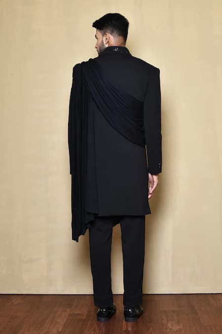 Shop_Arihant Rai Sinha_Black Silk Cut Work, Beads Placement Embroidered Sherwani Set _at_Aza_Fashions